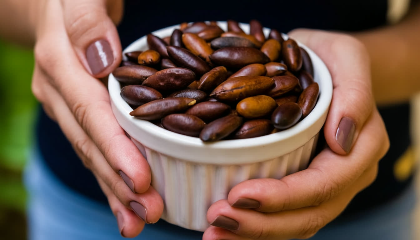 Mãos segurando tigela de castanhas de baru